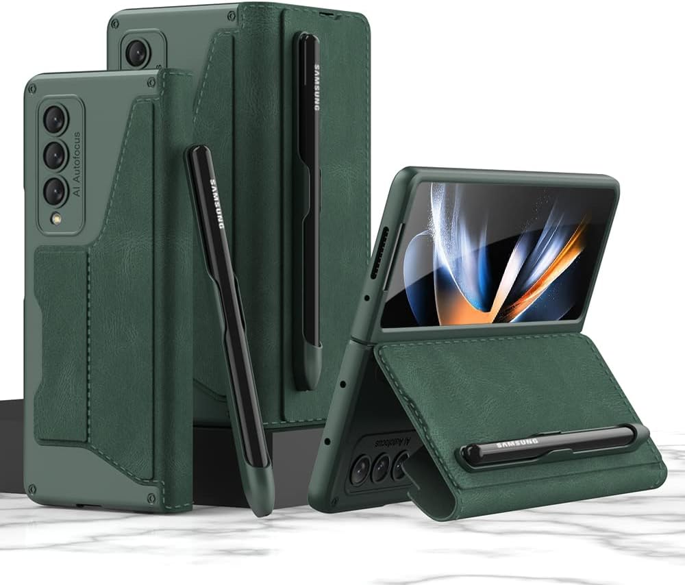 SHIEID Galaxy Z Fold 4 Case with S Pen Holder Genuine Leather Wallet Cover with Detachable Pen Slot, Card Holder, Kickstand, and Screen Protector for Samsung Z Fold 4 Phone Case, Green
