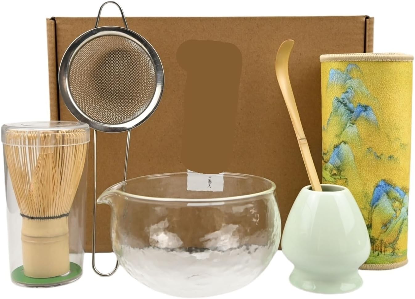 6PCS/Set Matcha Bowl,Cloth, Spoon, Strainer, Tea Whisk(Gradient Yellow)