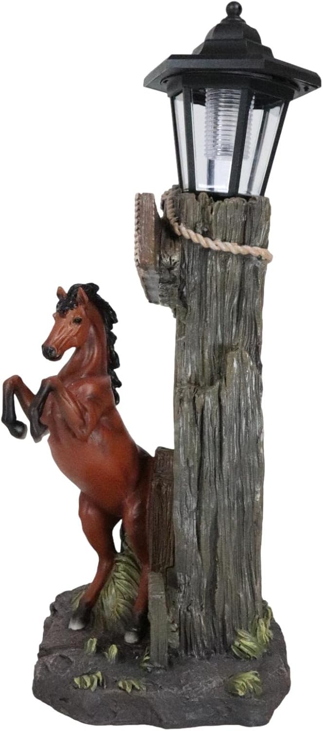 Ebros Large Rustic Country Western Rearing Chestnut Horse by Farm Outpost with Welcome Sign Statue Equipped with Solar LED Lantern Light Stallion Horses Decor Figurine for Patio Poolside Garden Home