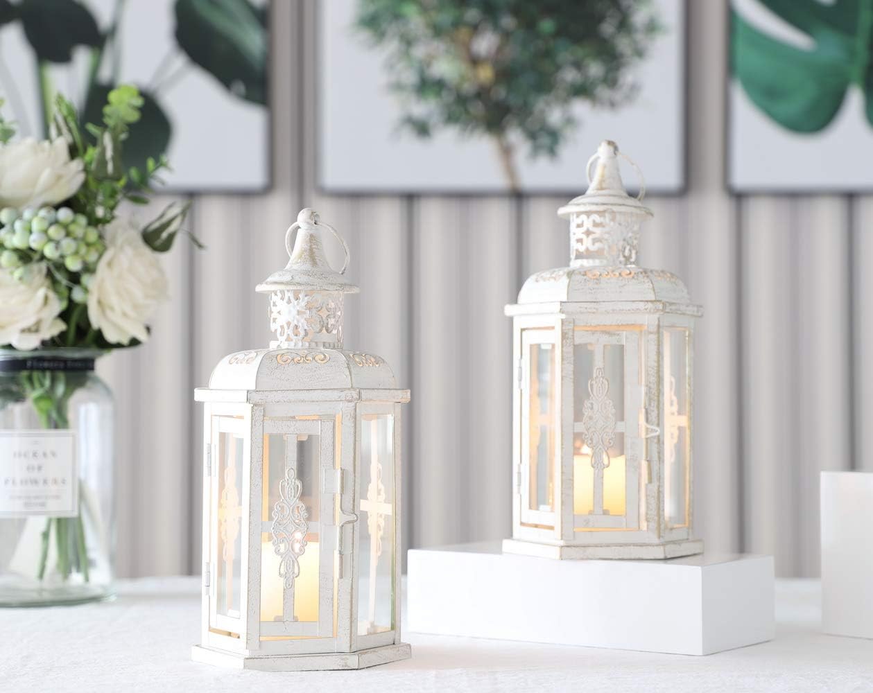 JHY DESIGN Set of 2 Decorative Lanterns -10 inch High Vintage Style Hanging Lantern Metal Candleholder Black with Gold Brush: Home & Kitchen