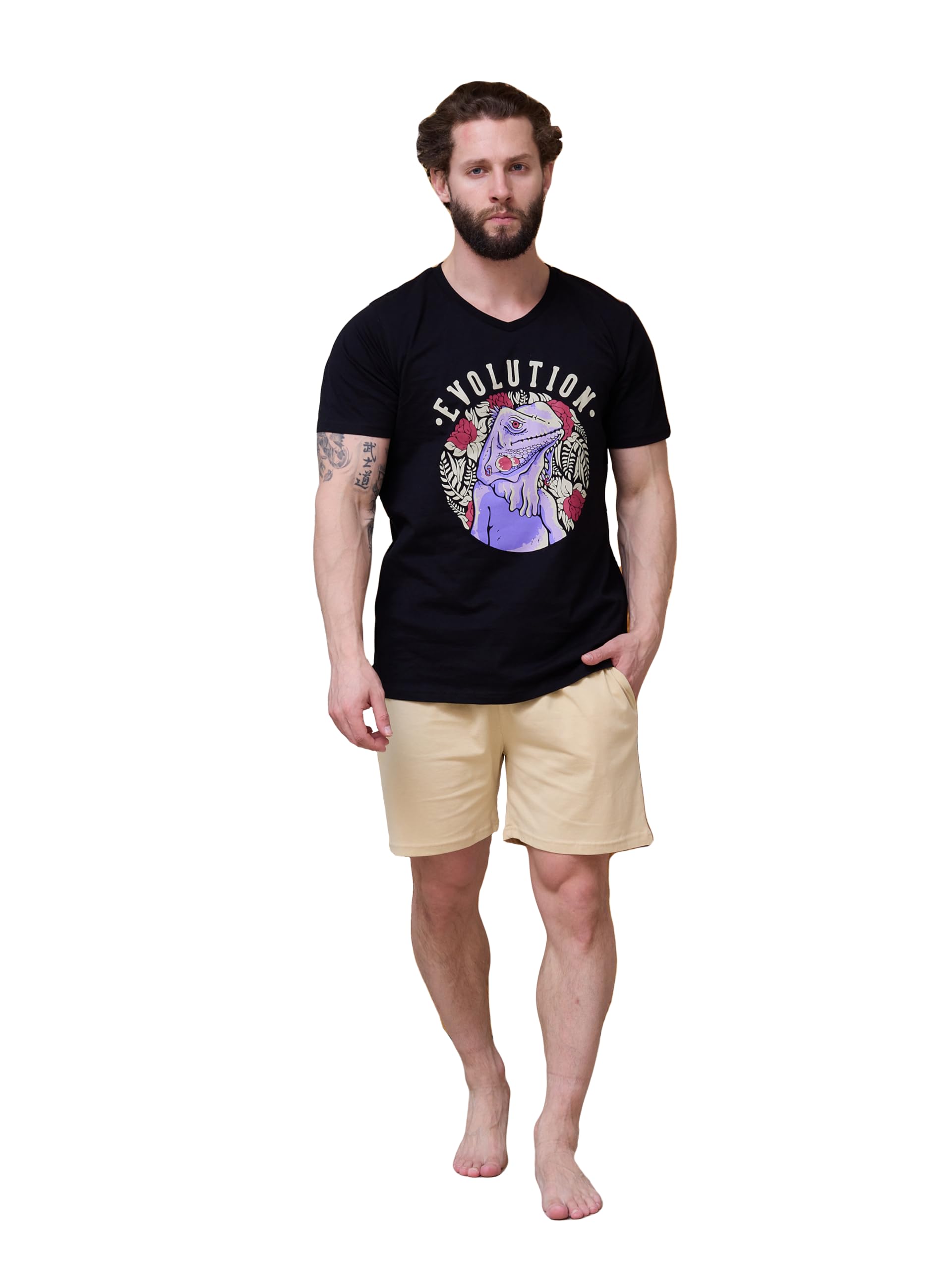 MOR Herren Pyjama Set 100% Baumwolle – Kurzarm V-Neck T-Shirt & Shorts – Weich, Bequem & Farbenfroh – Größen M–3XL