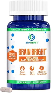 BioTrust Brain Bright - Daily Nootropic Boost for Focus, Concentration, Mental Clarity - Caffeine Free Nootropics Brain Support Supplement - Thai Ginger, Ginkgo, Folate, L-Theanine - 30 Servings