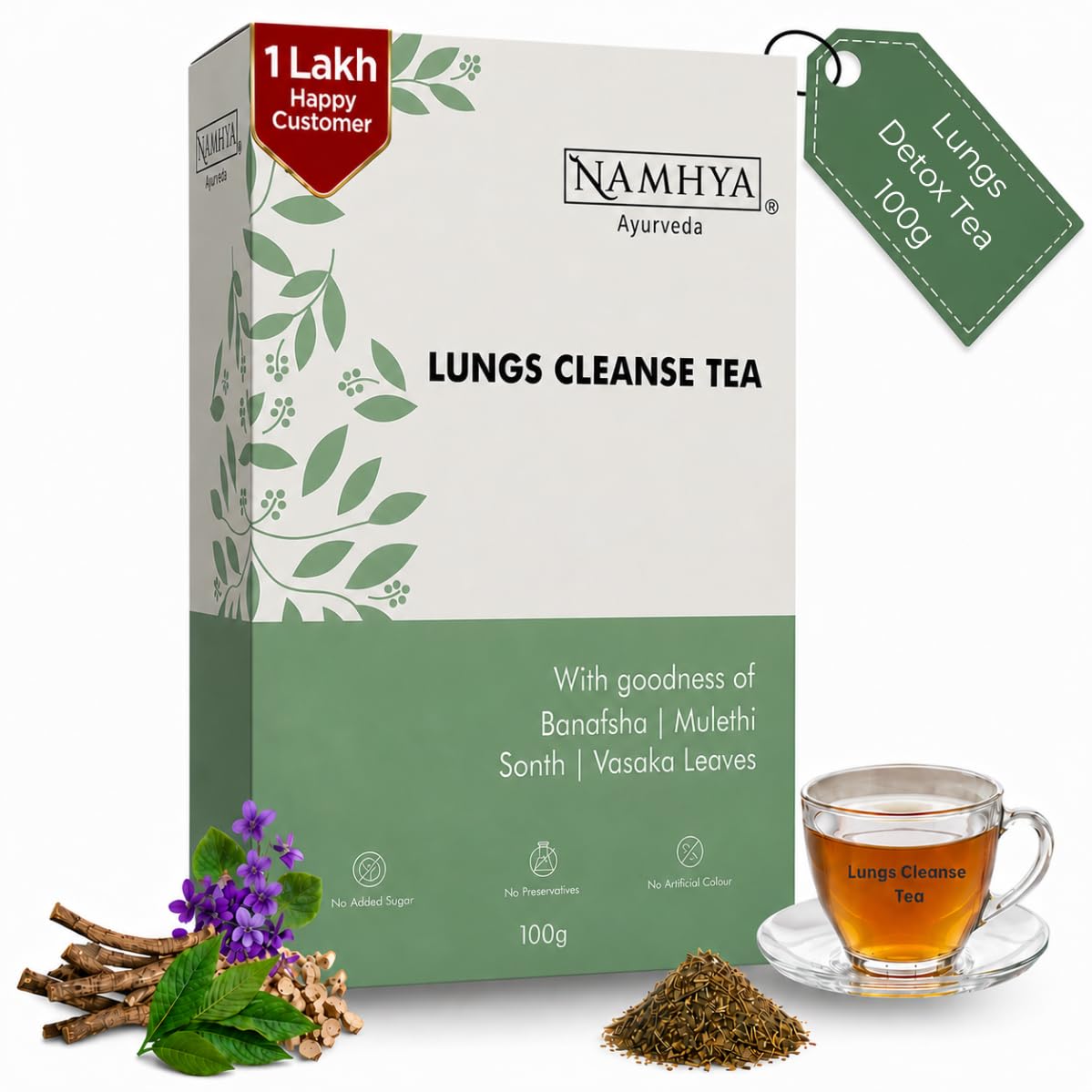 Namhya Ayurvedic Lungs Detox Tea | Herbal Respiratory Cleanse with Banafsha, Mulethi & Vasaka | Supports Clear Breathing, Chest Congestion Relief & Throat Comfort | Caffeine Free | 100 gram, 50 Cups