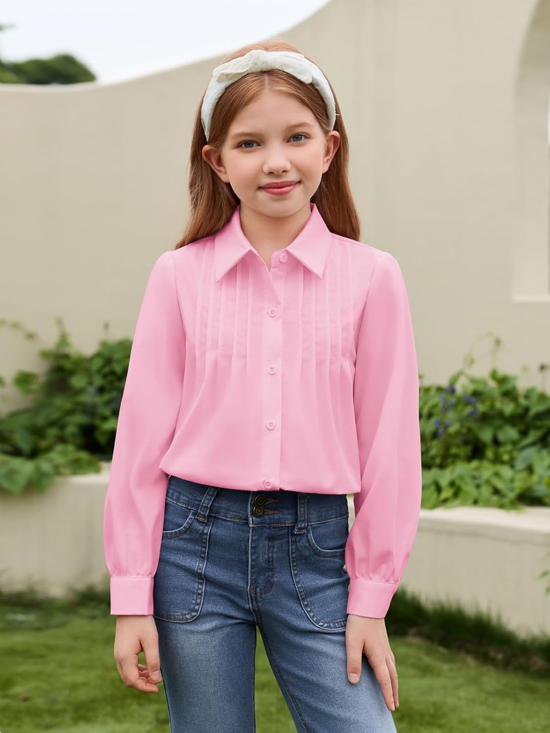 Haloumoning Girls Shirts Puff Long Sleeve Button Down Blouse Pleated School Uniform Dress Shirt Tops 5-14 Years - Image 4