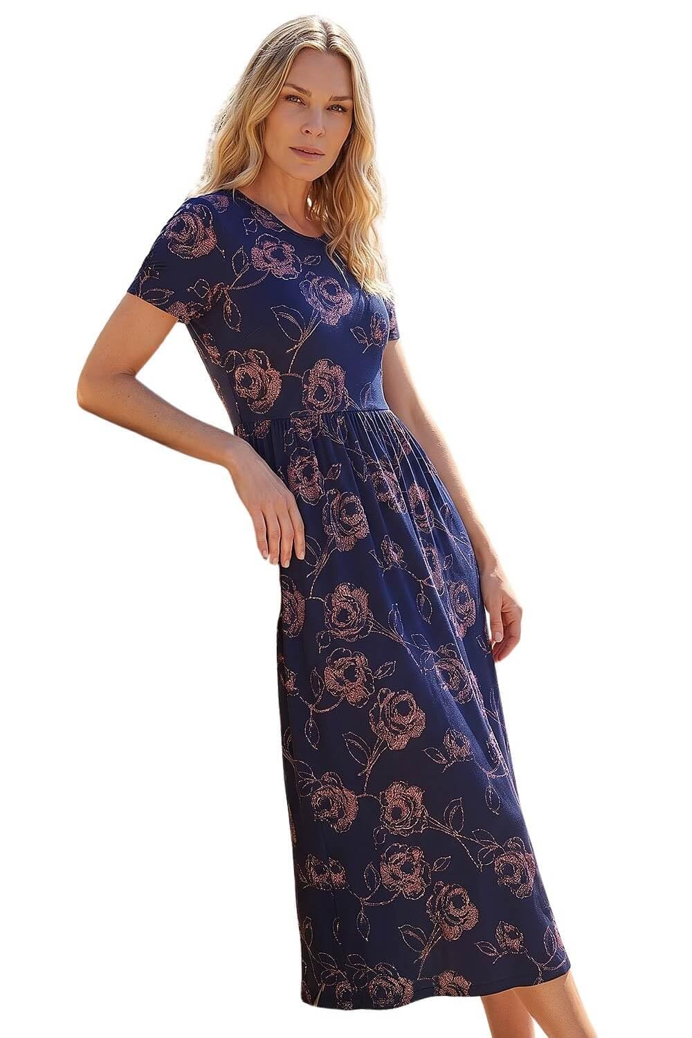 Roman Women's Navy Petite Floral Gathered Dress In | Size: 14