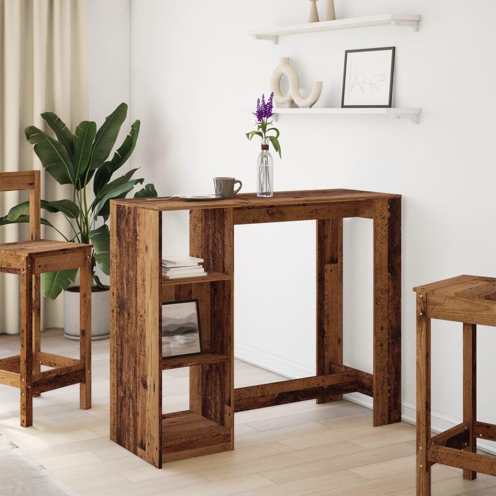 Stół barowy z regałem o wyglądzie starego drewna, 124 x 46 x 103,5 cm, materiał drewnopochodny, 4 półki, stolik do kuchni, salonu, jadalni, zajmuje mało miejsca, do bistro restauracji
