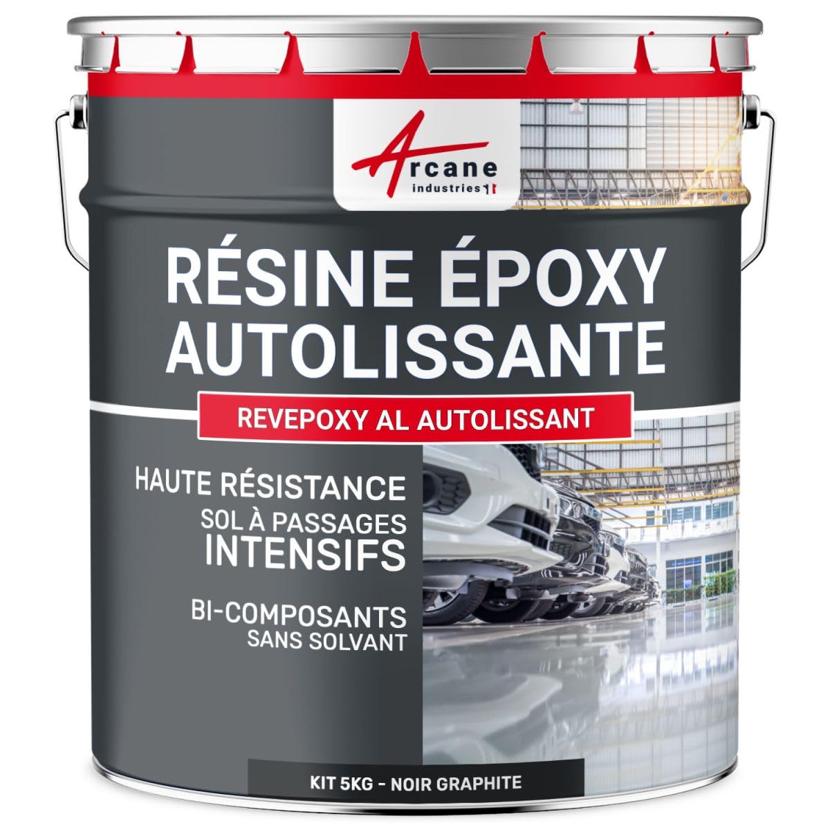 ARCANE INDUSTRIES Résine epoxy, autolissante, Peinture pour Sol : déco, intérieure, Atelier, Effet Miroir - 5 kg Noir Graphite - RAL 9011