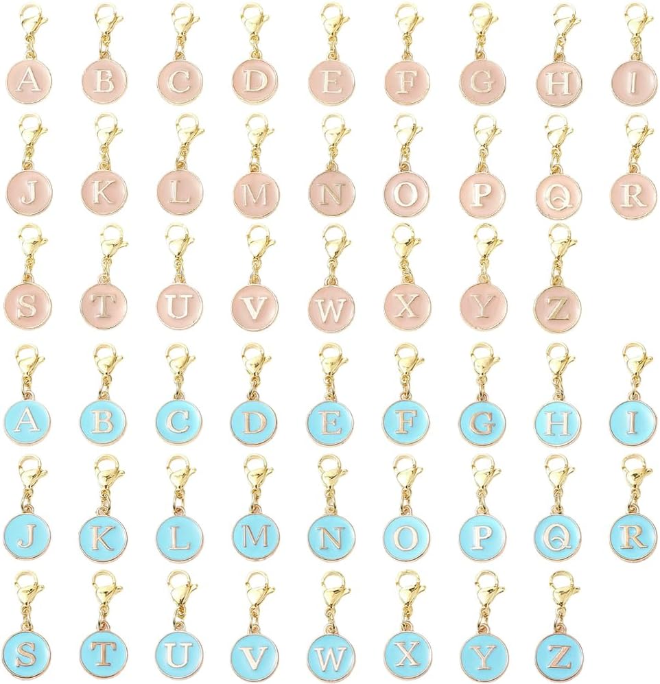 SUNNYCLUE 1 Box 52Pcs 26 Styles Letter Stitch Markers Crochet Stitch Charms Enamel Alloy Alphabet A to Z Capital Pink Blue Lobster Claw Clasps Charm for DIY Crocheting Knitting Sewing Weaving Crafts