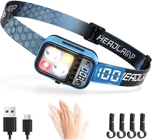 DARKDAWN Linterna LED recargable, 5 modos USB C diadema linterna con sensor de movimiento, pantalla de alimentación digital, ajustable arribaabajo,