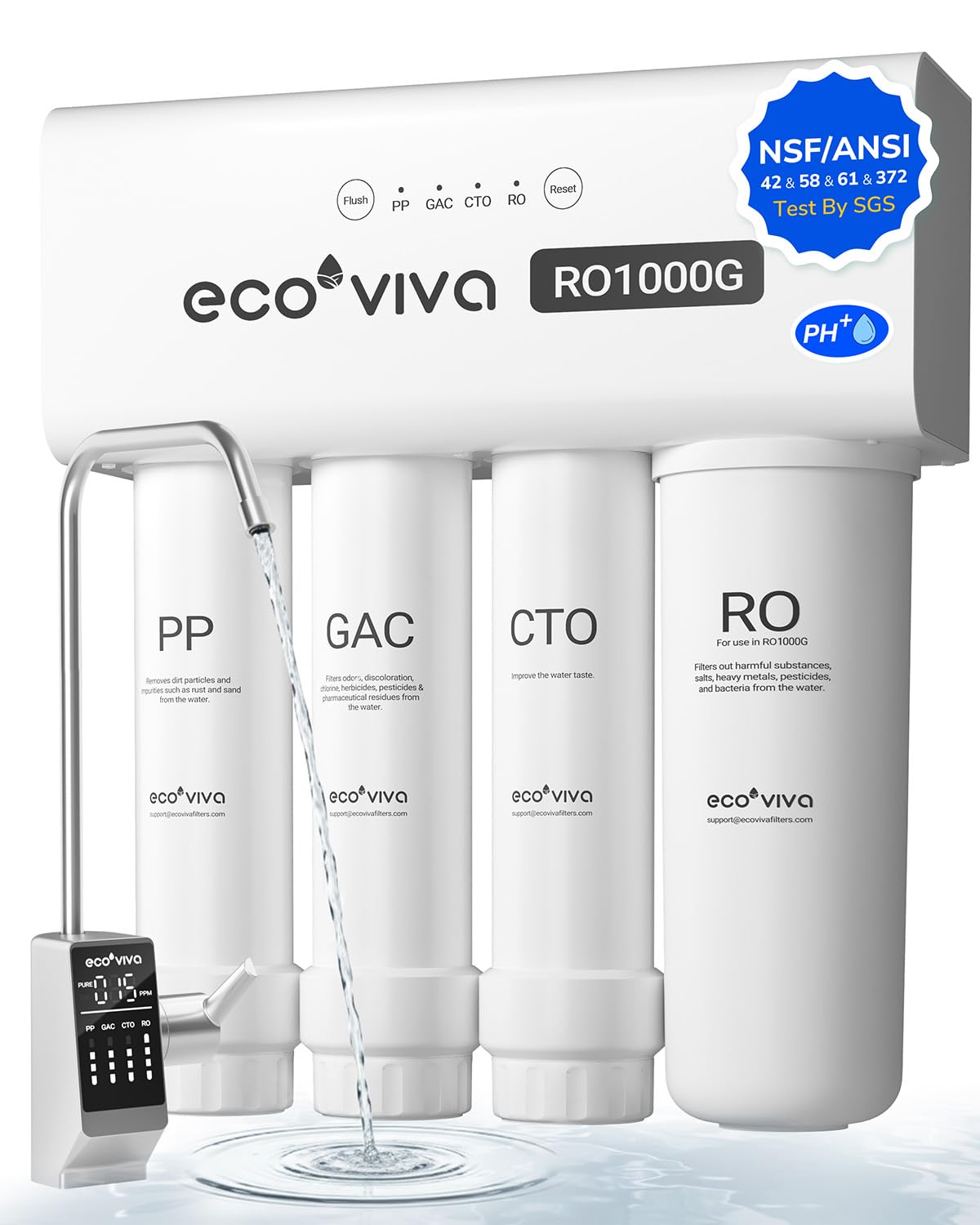 Ecoviva 1000GPD UnderSink Reverse Osmosis System German Design NSF ANSI 58 61 372 Tankless 9-Stage 3 1 Pure