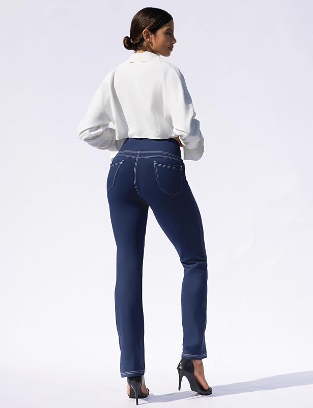 VOOVEEYA Women's Straight Leg Leggings High Waisted Yoga Pants with Pockets image 5