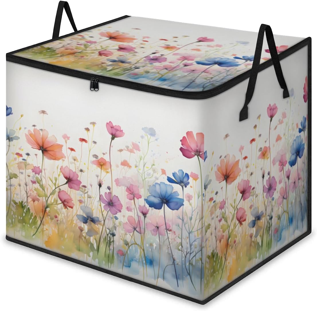 Honeybaby 214L Extra Large Comforter Storage Bag Poppy Lavender Spring Storage Totes with Lids Waterproof Closet Organizer Folding Blanket Storage Bags for Clothes Bedding Pillows