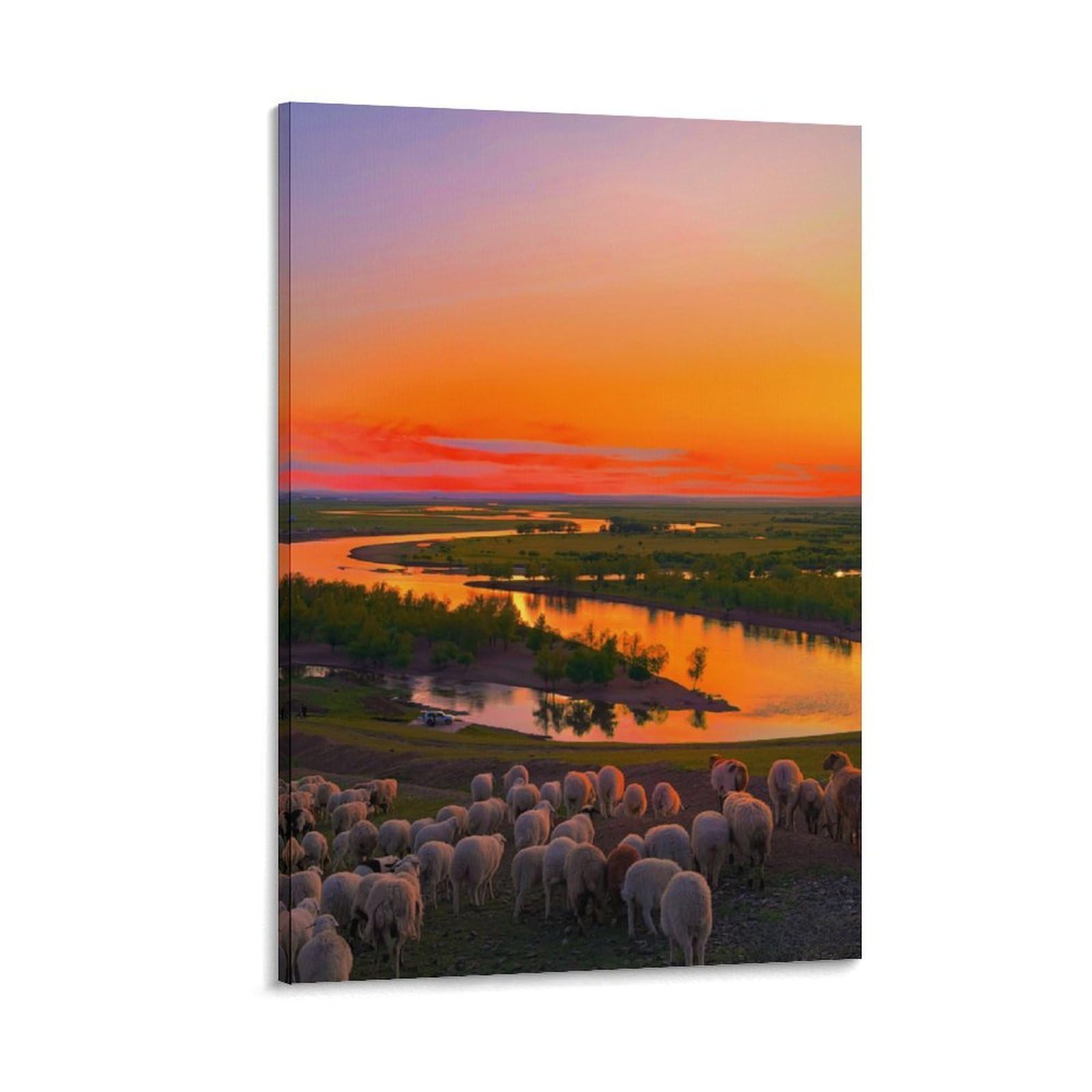 IEJKLUVWX Orange Wetland River Art Print Curved Marsh Waterway Waterproof Canvas Moisture Resistant Ready to Hang for Above Bed Sofa Background Home Decor Lover Original 16x24inch(40x60cm)
