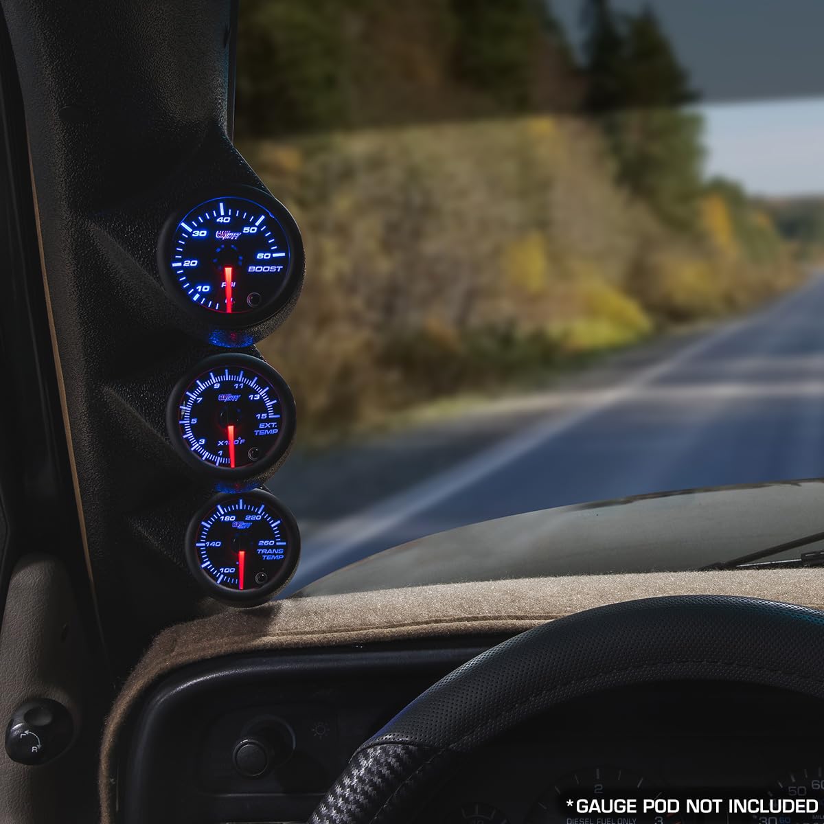 GlowShift Black 7 Color Diesel Truck 3 Gauge Kit Set - 60 PSI Boost - 1500F Pyrometer Exhaust Gas Temp EGT - Transmission Temperature - Multi-Color Display - Black Dial - Clear Lens - 2-1/16