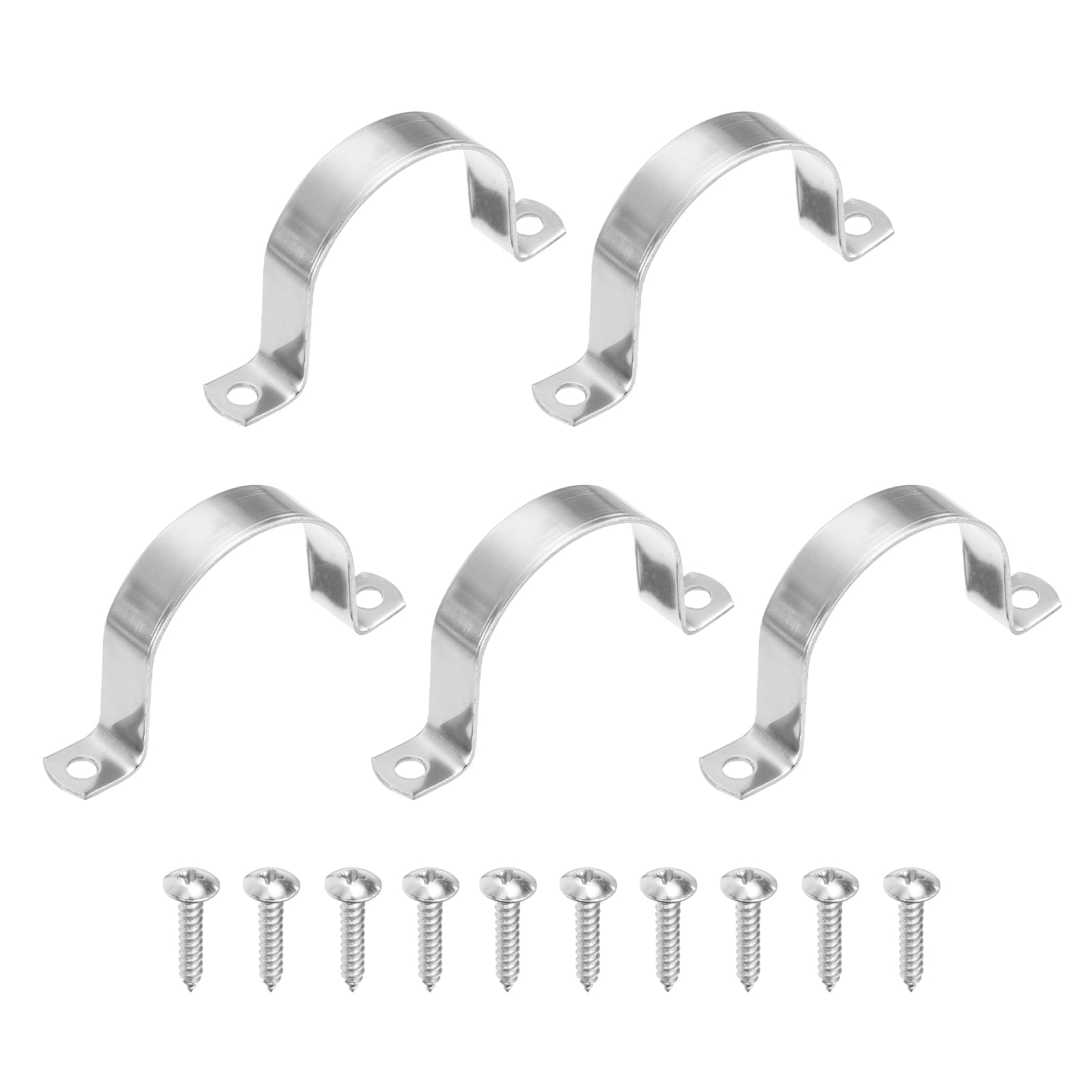 sourcing map 5Pcs 60mm(2-3/8") Two Hole Rigid Pipe Strap, 304 Stainless Steel Conduit Clamp Thicken U Bracket Heavy Duty Pipe Clamp with Self-Tapping Screws for Fixing Tube Cable, Silver