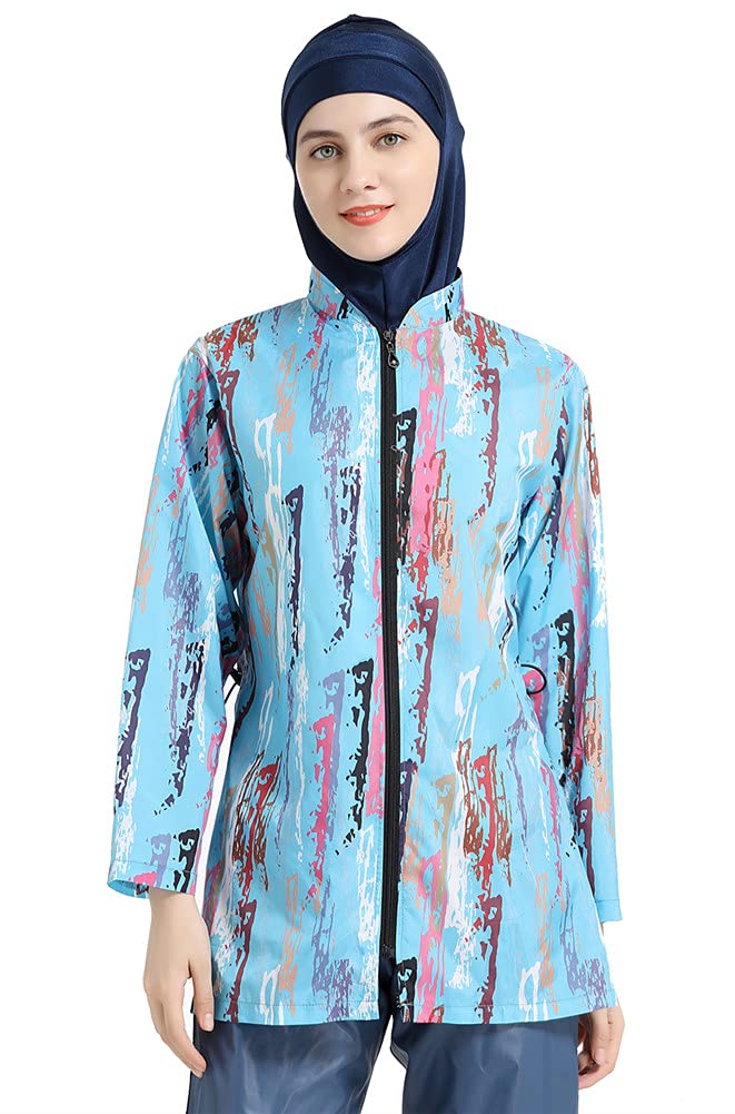 Modest Swimwear for Women Set Digital Printed 3 Piece Swimsuit Conservative Loose Zip Swimming Suit Beachwear Burkini (Blue, L)
