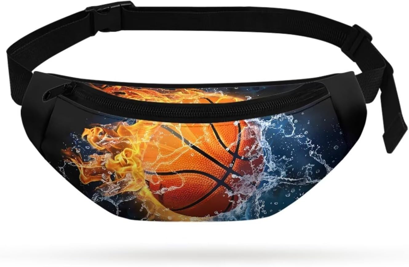 Basketball Water Flame Boys Fanny Pack for Kids 10-12 Lightweight Fanny Pack for Boys Mini Waist Packs Teens Crossbody Bags Zippered Stuff Pouch