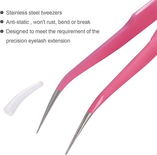 Miniatura 4 de Hotop 2 Piezas Pinzas de punta recta y curva para extensiones de pestañas, Herramientas de aplicación de pestañas postizas de acero inoxidable rosa.