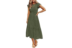 Women's Flutter Short Sleeve Smocked Dress Summer Casual Elastic Waist