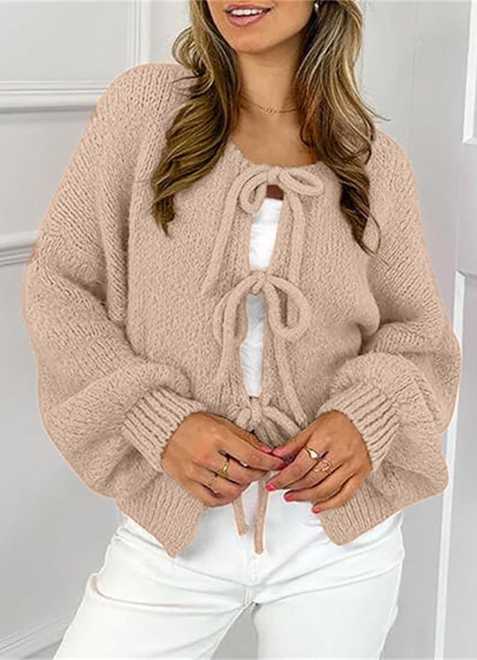 Women’s Tie Front Cardigan Oversized Chunky Knit Sweaters Y2K Bow Tops Long Sleeve Open Front Knitwears - Image 3