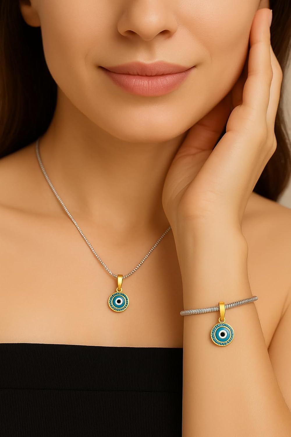 Bolenvi Evil Eye with Real Turquoise Stones Dangle Pendant, Omni Clasp Clip on 925 Sterling Silver Charms, Compatible with Pandora & Similar Charm Bracelets, Necklaces & DIY Jewelry - Image 2