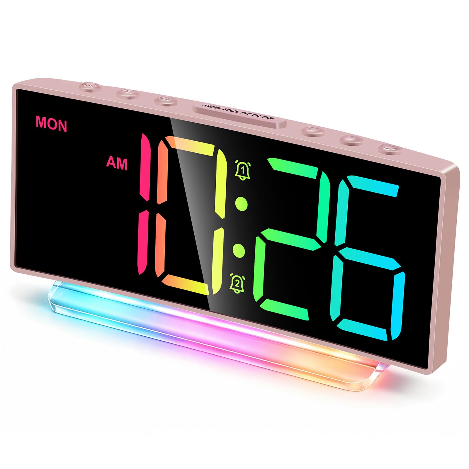 Moderner und gebogener Digital-Wecker, bunte LED-Anzeige, einstellbare Lautstärke, Arbeitstag-/Wochenend-Modus, einfache kleine Uhr für Schlafzimmer, Nachttisch, OK für