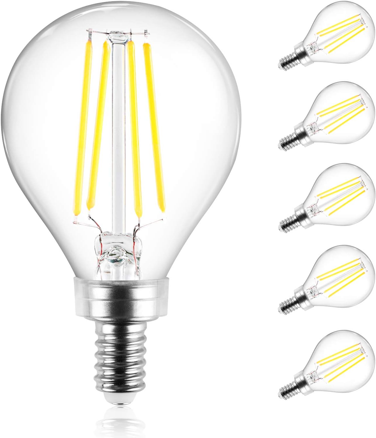 Ascher E12 Candelabra LED Bulbs 60 Watt Equivalent, 550 Lumens, Daylight White 5000K, Decorative G45 LED Globe Bulbs, Filament Clear Glass, Non-Dimmable, Pack of 5
