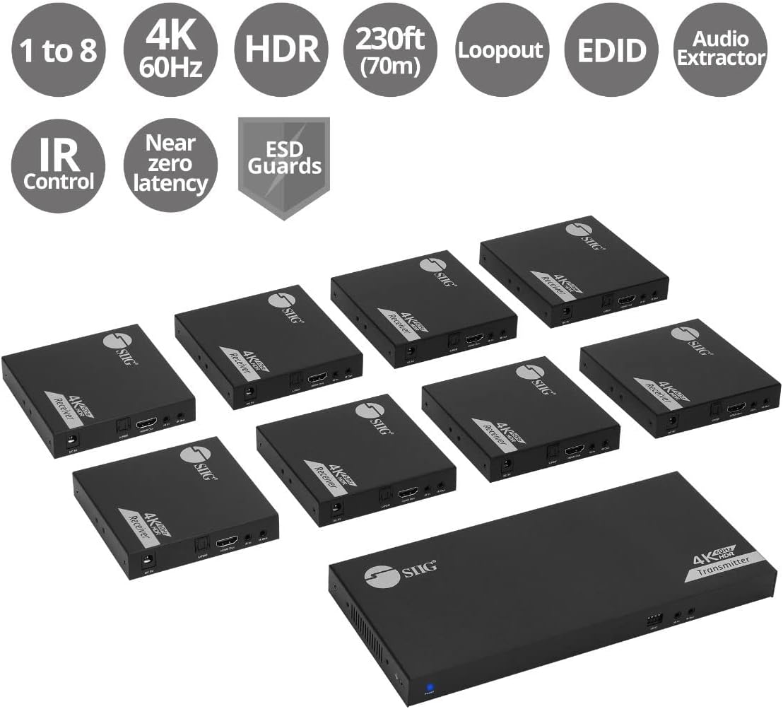 SIIG 1x8 4K 60Hz HDMI Splitter Over Cat6 Extender with Loopout, IR, ARC & RS-232, 4K HDMI Splitter, CAT Extension up to 230ft (70m), Near Zero Latency with HDR, Auto Extractor, EDID (CE-H27B11-S1)
