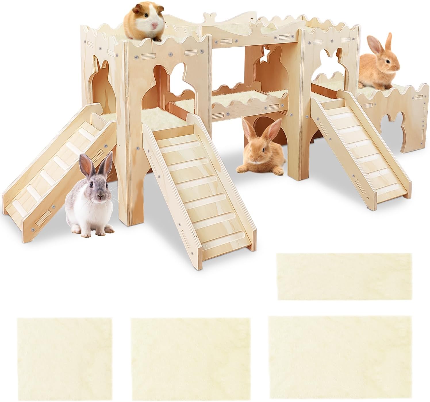 Extra Large Wooden Rabbit Castle Hideaway Tunnel and Bed Small Animal Hideaway Hut Solid Safe Construction Play Hideaway Hut for Rabbit Guinea Pig Chinchilla