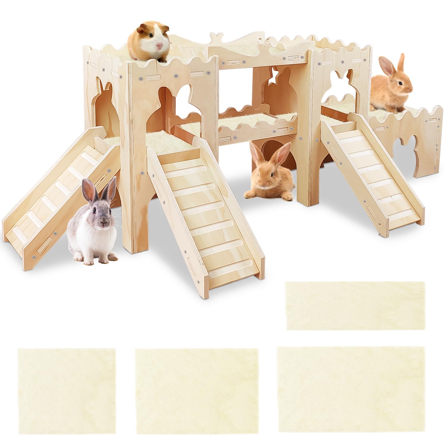 Extra großes hölzernes Kaninchenschloss Versteck Tunnel und Bett Kleintierversteck Hütte solide sichere Konstruktion Spielversteck Hütte für Kaninchen Meerschweinchen Chinchilla