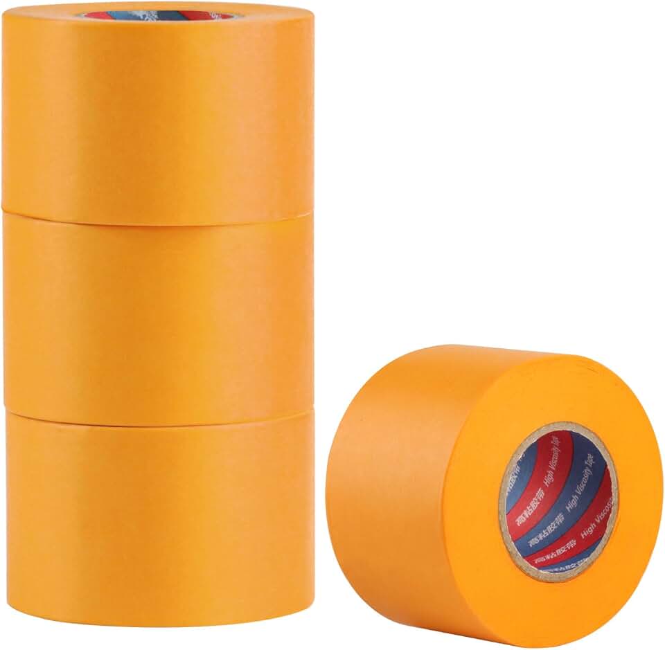 4 Rollos Cinta Carrocero Pintura, 50 mm x 50 mCinta de Carrocero para Pintar, Cinta Pintor Dorada, Masking TapeCinta de Enmascarar Autoadhesiva Profesional para Bordes de Pintura Precisos