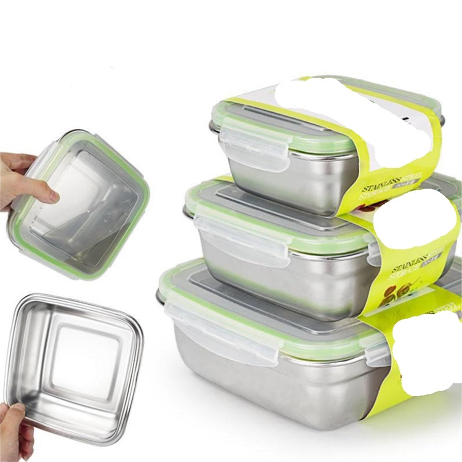 Contenitori per alimenti in acciaio inossidabile 3 pezzi contenitori for alimenti in acciaio inossidabile, scatola for la conservazione degli quadrata, for il pranzo da 400/750/1200 ml