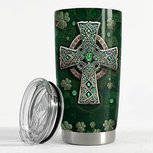 Miniatura 3 de SANDJEST Vaso irlandés de 20 onzas, hechos irlandeses, cruz celta, vaso de acero inoxidable con tapa, regalo para mujeres, cumpleaños, Navidad