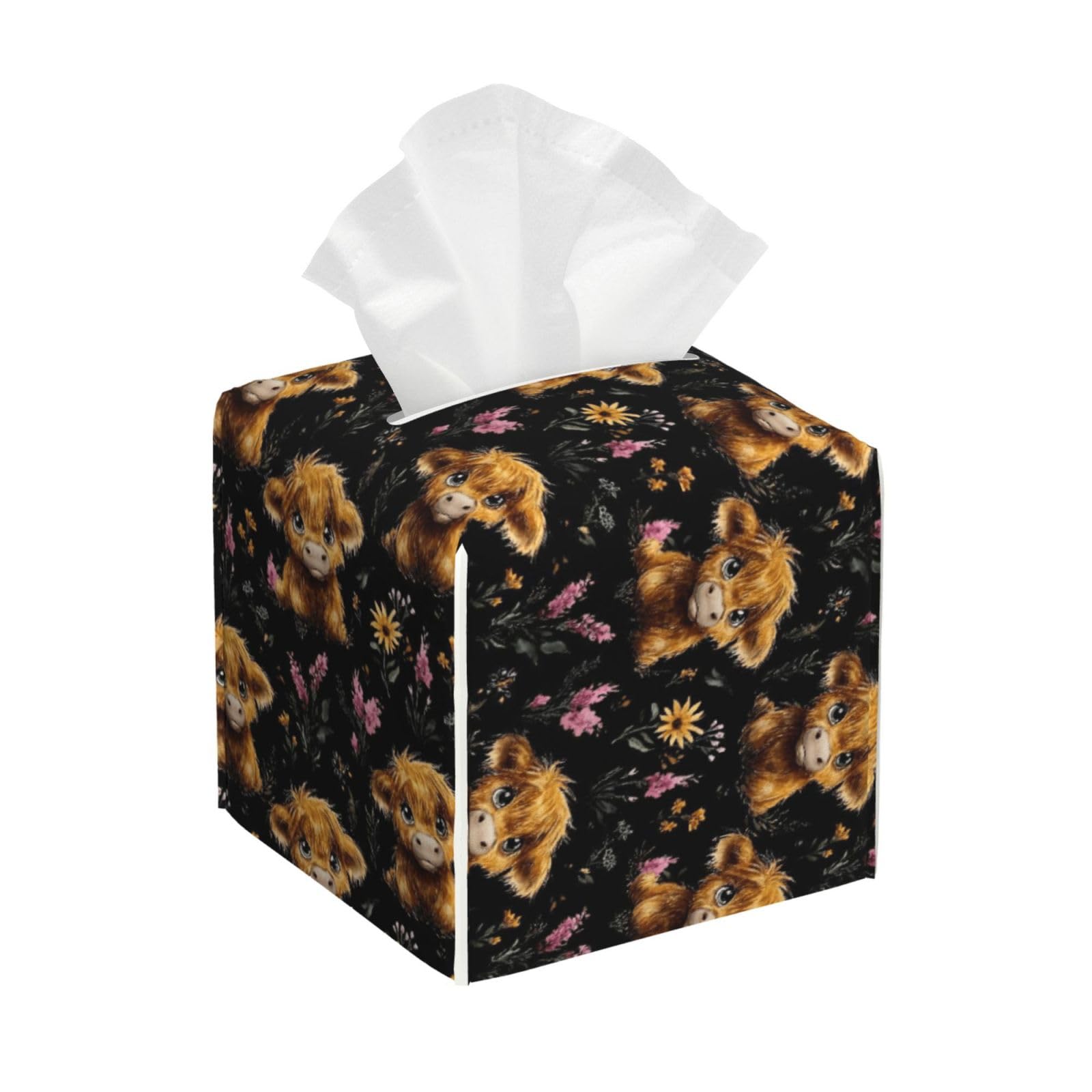 Cute Cow Pink Flower Print Tissue Box Cover Holder Square, Foldable Modern Cube Tissue Box Cover, Leather Decorative Organizer for Tabletop Bathroom Car Office Desk Decor