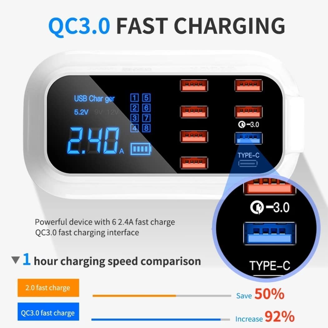 Estación De Carga Usb Concentrador De Carga Usb De 8 Puertos Carga Rápida Pantalla Led 3.0 Estación De Carga Usb Múltiple para Tabletas De Teléfonos Celulares Y Otros Escritorios Electrónicos Hogar De