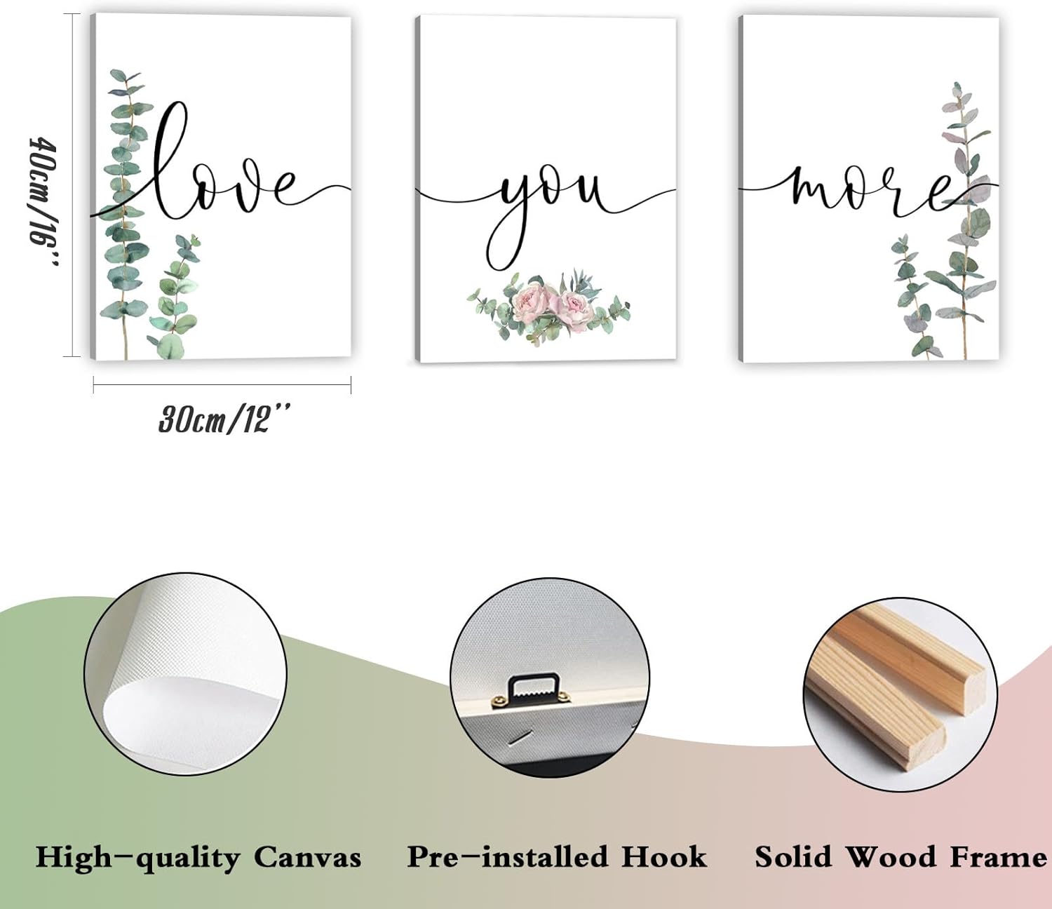 1 KINGO Love You More Wall Art: 12"x16"Love Quotes Bedroom Wall Decor Above Bed, Set of 3 Eucalyptus Wall Art Canvas Prints, Sage Green Botanical Decor for Modern Farmhouse Master Bedroom Living Room