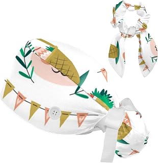 FVQL 2 Pieces Surgical Cap for Long Hair Scrub Cap with Hairband Nurse Cap, Easter and Rabbit