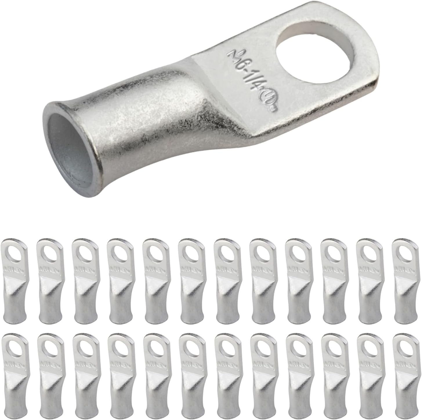 SELTERM 25pcs 6 AWG 1/4" Stud Marine Grade Tinned Copper Battery Cable Lugs, 6 Gauge Ring Terminals, UL Wire Lugs Electrical Battery Cable Ends, Tinned Copper Lugs Battery Terminal Connectors