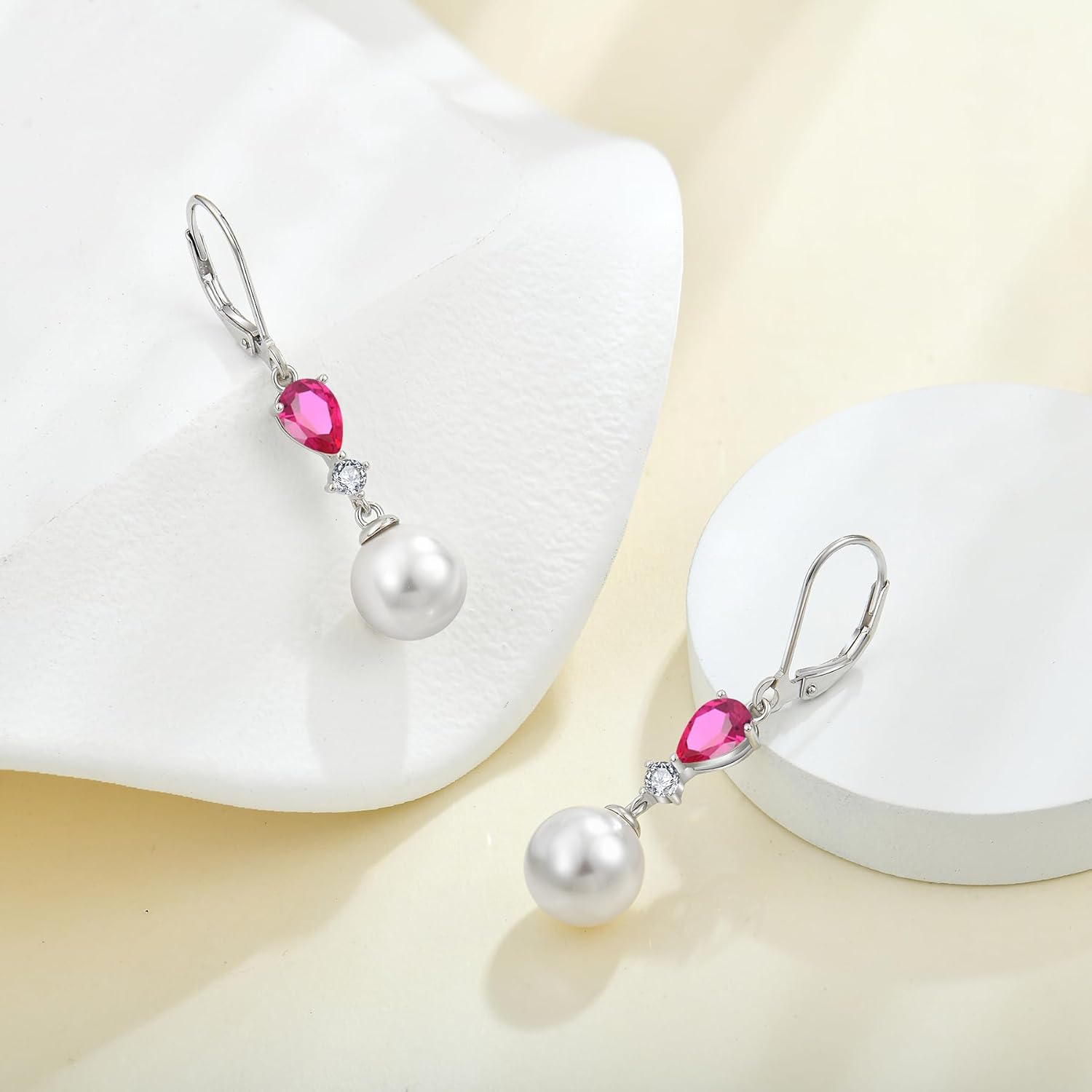 Women Pearl Dangle Drop Earrings with Birthstone 925 Sterling Silver Leverback Earring with 10MM White Pearls - Image 5