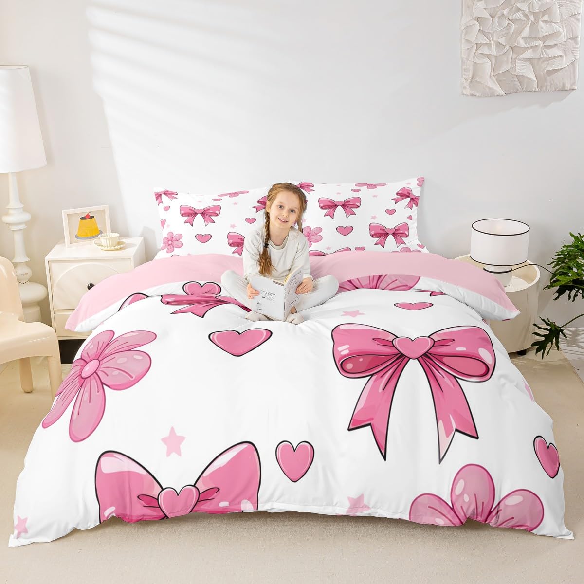 Homemissing Cute Bowknot Duvet Cover Set Single Size Pink Bow Tie Duvet Cover for Boys Girls Flower Star Print Bedding Set 2Pcs Love Heart Room Decor - Image 3