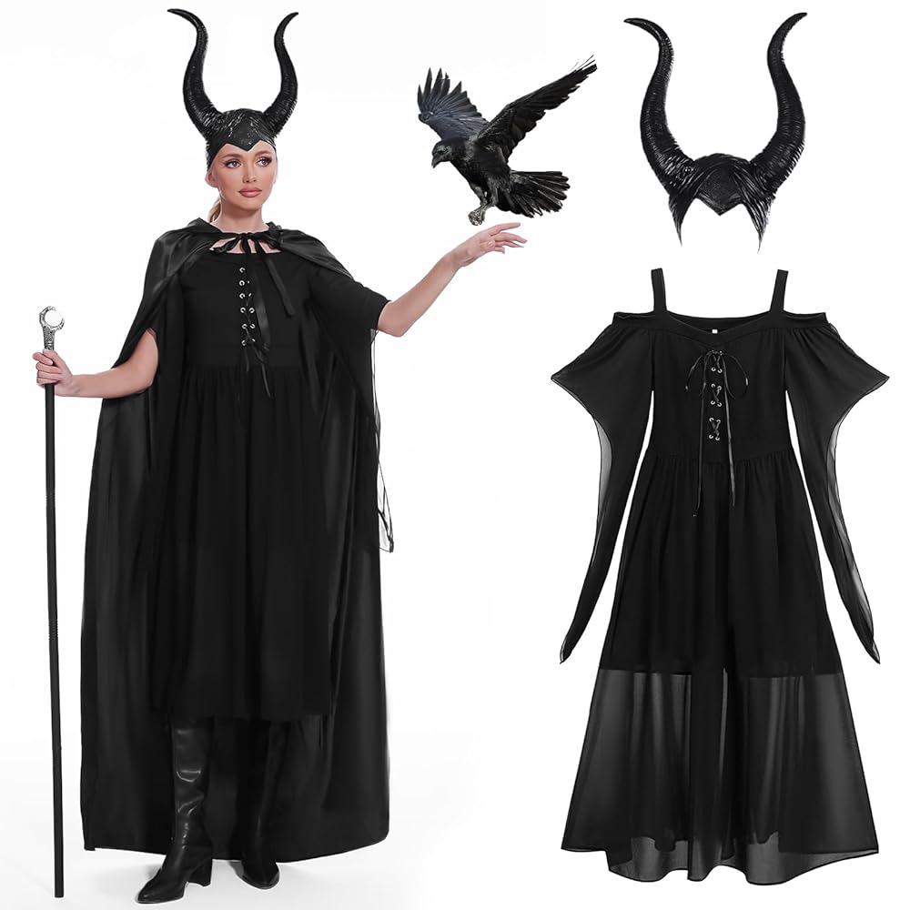 Maleficent Hörner Kopfschmuck Set - Teufelshörner Mit Halskette & Ohrringen