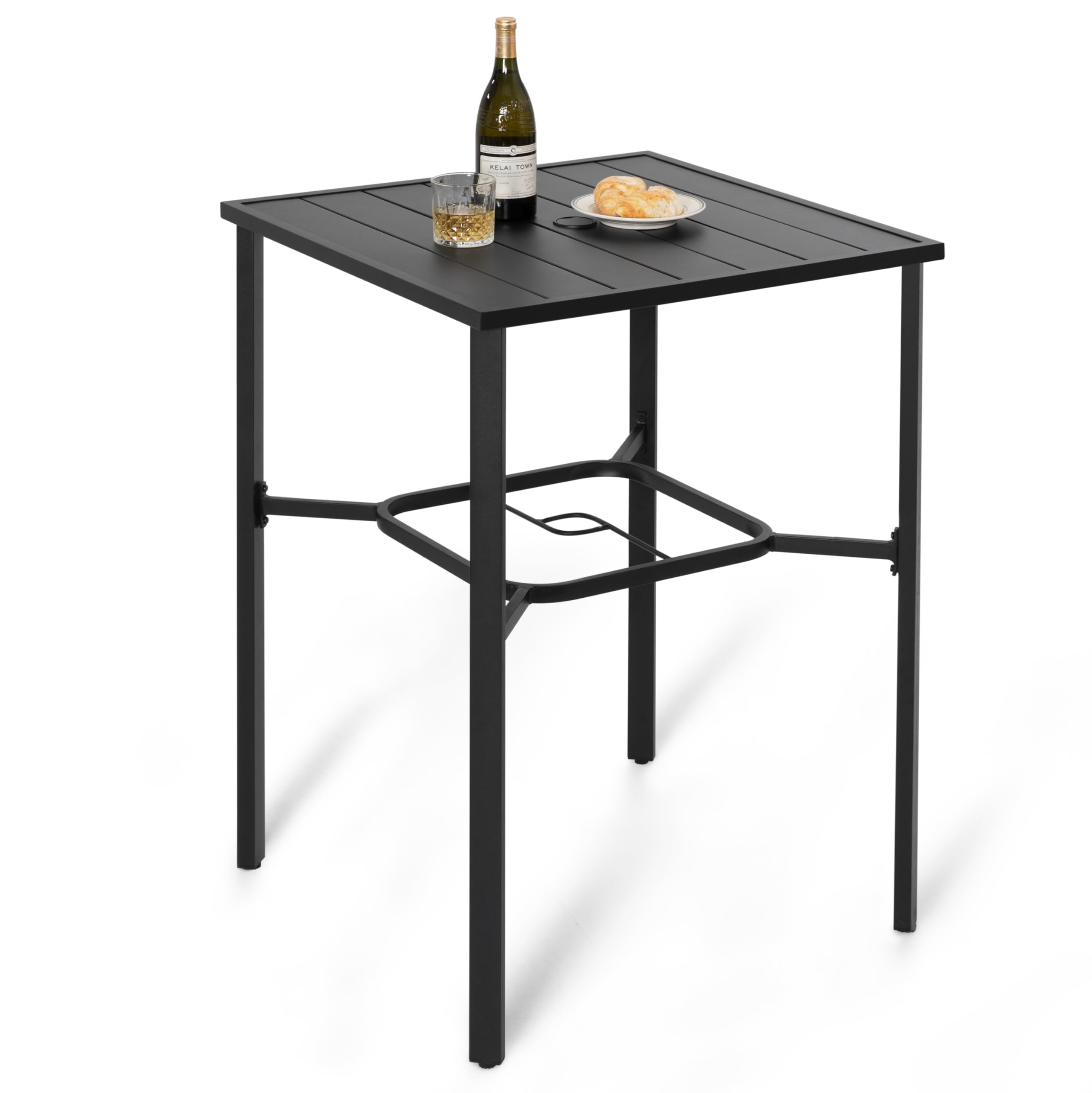 Avestar Outdoor 71 cm Quadratischer Bartisch mit Sonnenschirmloch, Stehtisch, Lattenrost-Tischplatte mit pulverbeschichtetem Metallgestell, für Terrasse, Garten, Hinterhof und Balkon, Schwarz