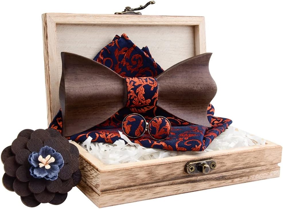 JSEIAJB 3D Wooden-Bow Tie Set Pocket Square Brooch for Men Adjustable Wood Bow Handkerchief and Box Fashion Novelty ties(D)