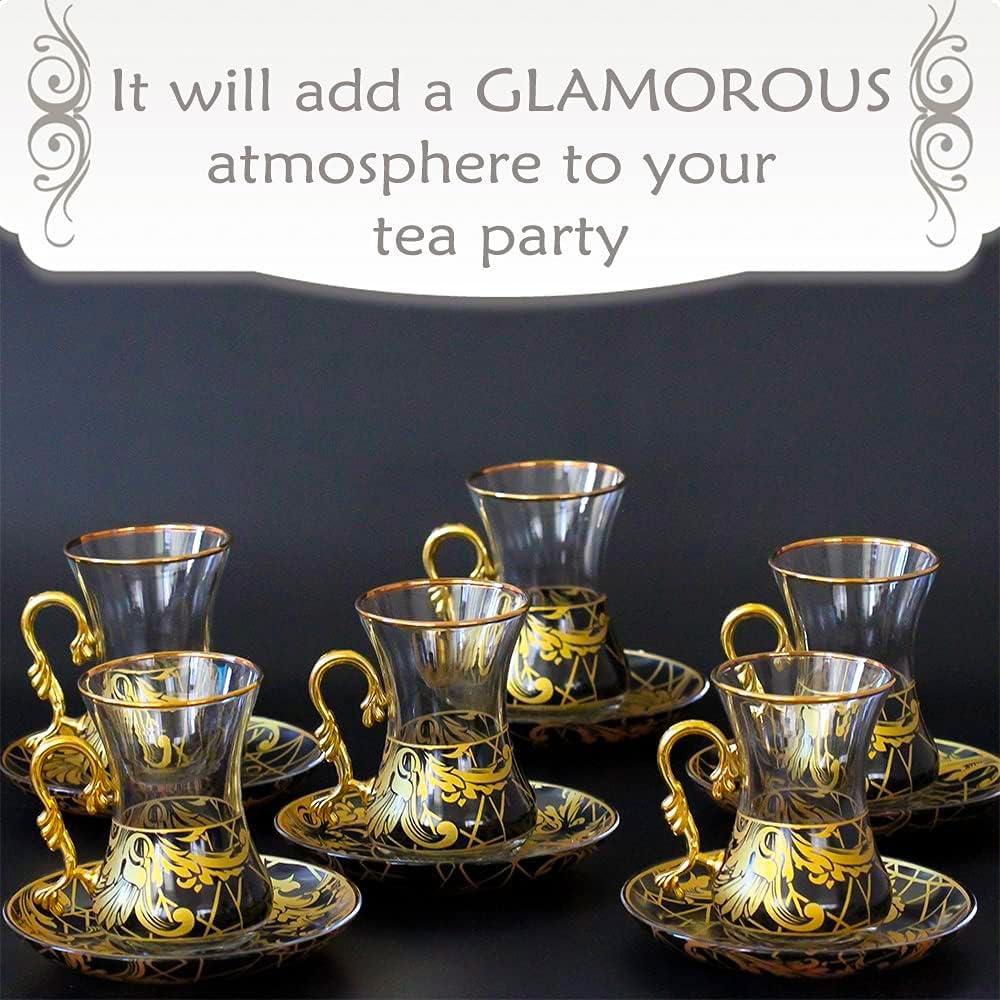 Gold Vintage Turkish Tea Glasses Cups and Saucers Set of 6 Drinking Glassware Party Adults Fancy Serving Coffee Tray Drinks Kettle Women Christmas Gift Teacup Handle Moroccan Drinkware Rim - Image 4