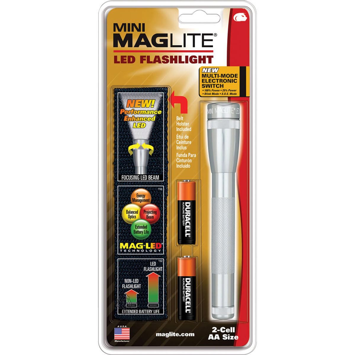 Maglite Mini LED 2-Cell AA Flashlight with Holster, Silver