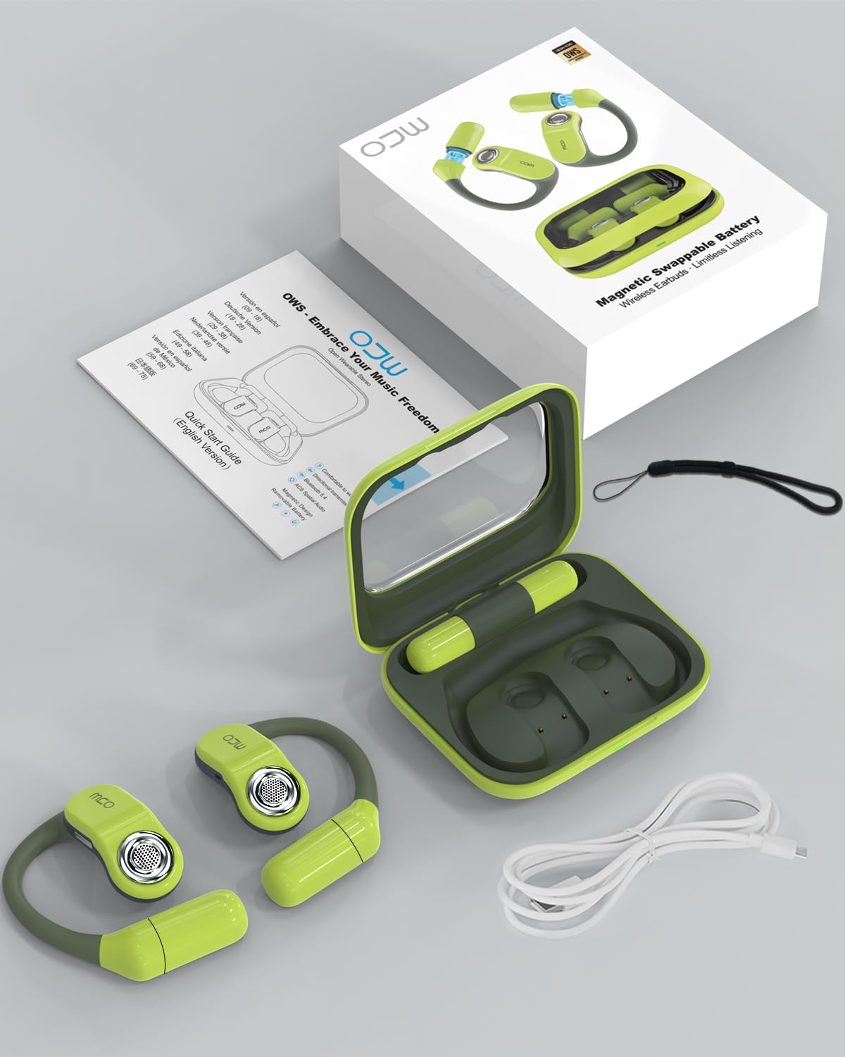 OJW Open-Ear Kopfhörer, Endlos Musik Hören mit Wechselakku | Wechselbarer Akku, 45° Ergonomische Passform, Ohrnaher Sitz, IPX7 Wasserdicht, Ideal für Langzeitnutzung