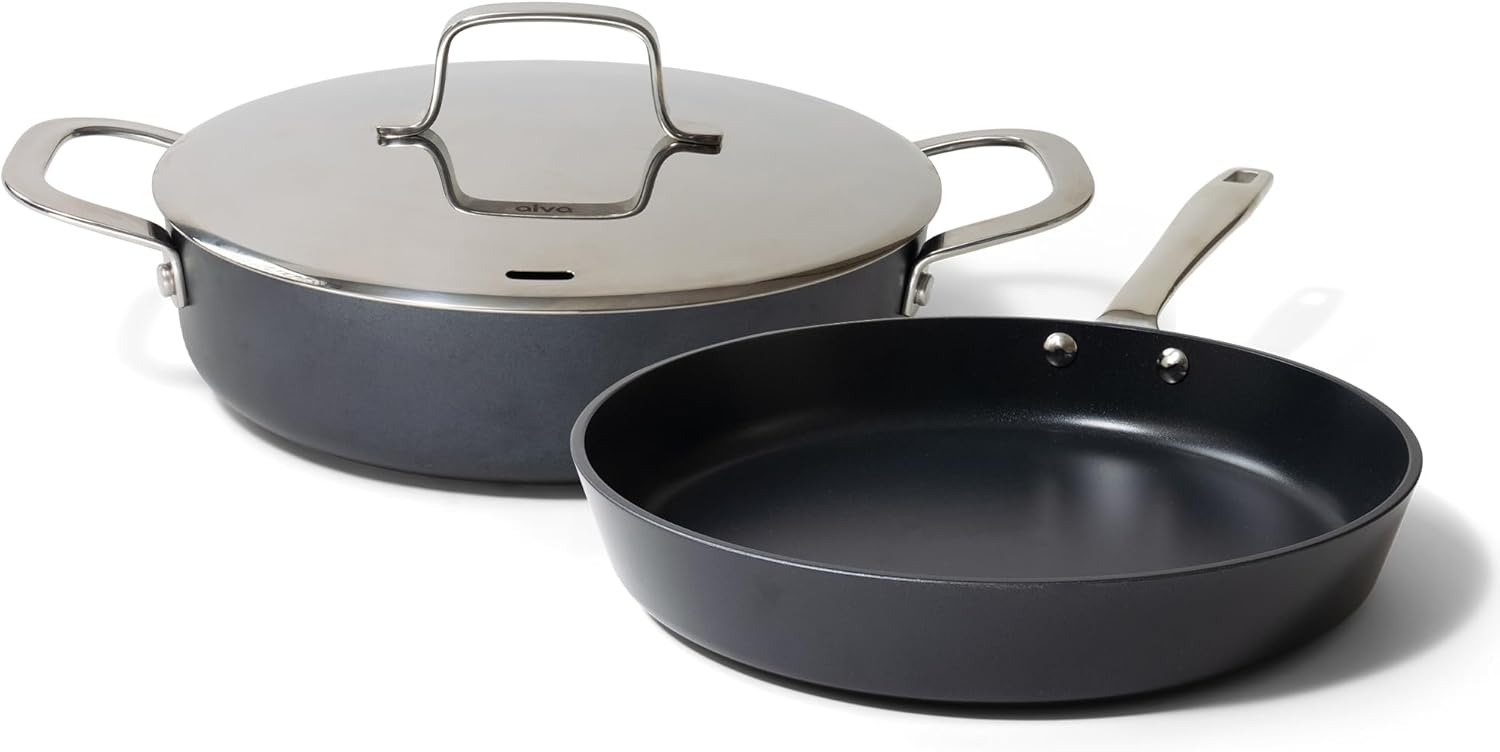 Alva Maestro Ceramic Nonstick Frying Pan Cookware Set, Non Toxic Saute and Frying Pan Set, PFAS, PFOA & PTFE Free, Compatible with All Stovetops, Induction Safe, Stay Cool Handles, Oven Safe Pans Set