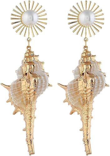 Aretes de concha, aretes colgantes de concha de océano para mujer, aretes largos de concha de mar de perlas bohemias, aretes de caracol marino,