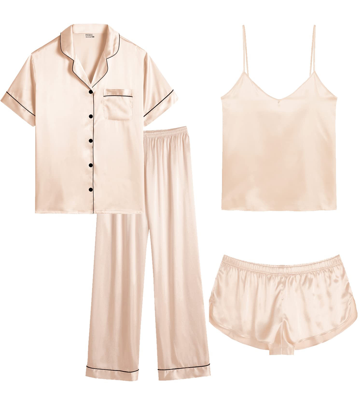SWOMOG Women Plus Size Pajama Set 4pcs Silk Satin Sleepwear Button Down Pjs Cami Shorts Set Loose Loungewear 16W-26W Champagne