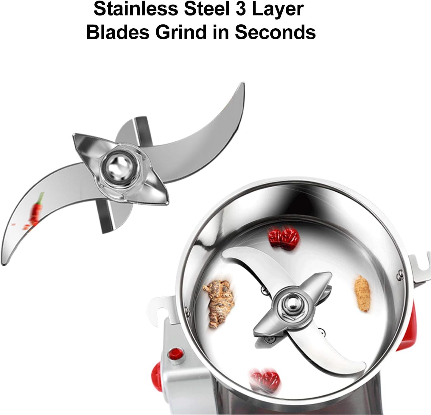 Close-up of the BioloMix 700G Grinder's stainless steel 3-layer blades.